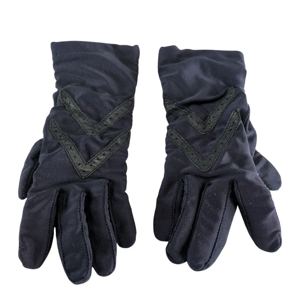 Vintage Isotoner Hands Beautiful Navy Stretch Gloves Long Cuff Leather‎ Trim OS
